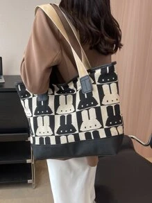 Cartoon Graphic Shoulder Tote Bag Small Cute - Black and White - View 2