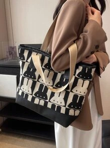 Cartoon Graphic Shoulder Tote Bag Small Cute - Black and White - View 3