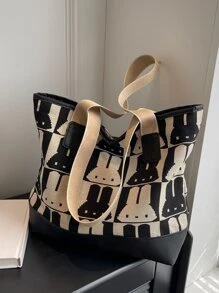 Cartoon Graphic Shoulder Tote Bag Small Cute - Black and White - View 6