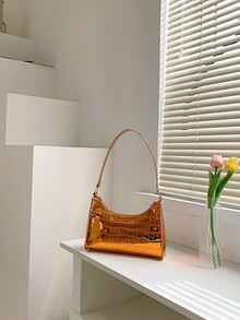 Crocodile Embossed Bag Metallic Funky Top Handle - Orange - View 2