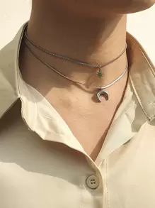 男士月亮裝飾多層項鏈 - 銀色 - 查看 1