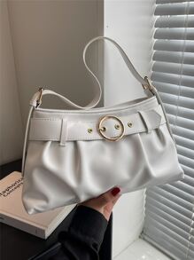 Buckle Decor Ruched Bag Medium White Elegant - White - View 1