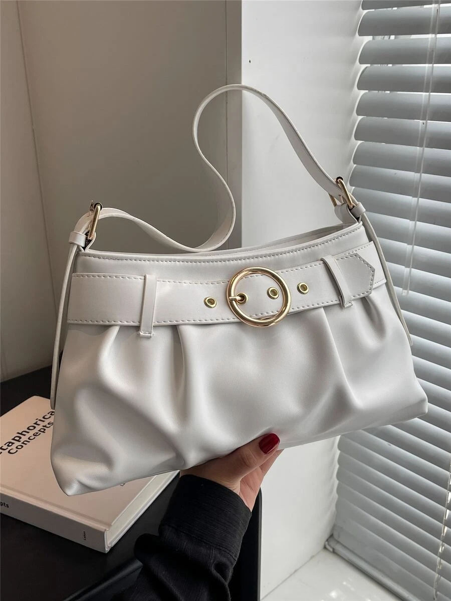 Buckle Decor Ruched Bag Medium White Elegant - White - View 1