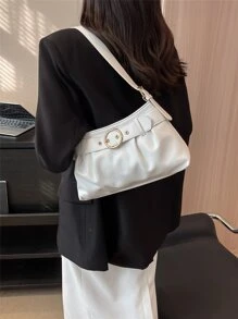 Buckle Decor Ruched Bag Medium White Elegant - White - View 2