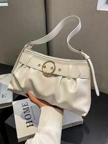 Buckle Decor Ruched Bag Medium White Elegant - White - View 3