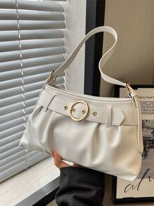 Buckle Decor Ruched Bag Medium White Elegant - White - View 4