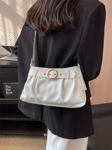Buckle Decor Ruched Bag Medium White Elegant - White - View 5