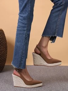 Minimalist Point Toe Espadrille Slingback Wedge Court Shoes - Brown - View 3
