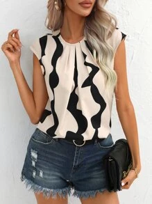 SHEIN Privé Áo sơ mi nữ Uốn nếp Đồ họa Giải trí - Màu be - Xem 1