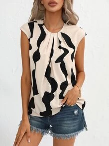 SHEIN Privé Áo sơ mi nữ Uốn nếp Đồ họa Giải trí - Màu be - Xem 4