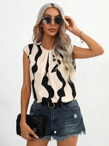 SHEIN Privé Áo sơ mi nữ Uốn nếp Đồ họa Giải trí - Màu be - Xem 5