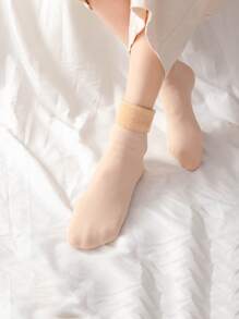 1 双女士白色纯色保暖内衬休闲中筒袜（冬季）