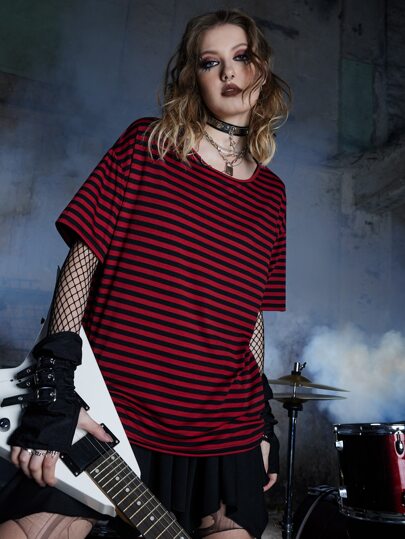 Grunge Punk Striped Drop Shoulder Tee, School