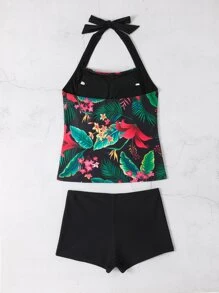 SHEIN Swim Tankini de verano con estampado tropical y escote de halter para la playa - Multicolor - Ver 3