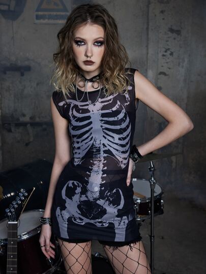 Grunge Punk Top estampado de esqueleto de malla