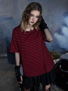 ROMWE Grunge Punk Striped Drop Shoulder Tee, School - Multicolor - View 3