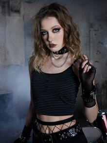 ROMWE Grunge Punk Striped Button Front Cami Top - Grey - View 6