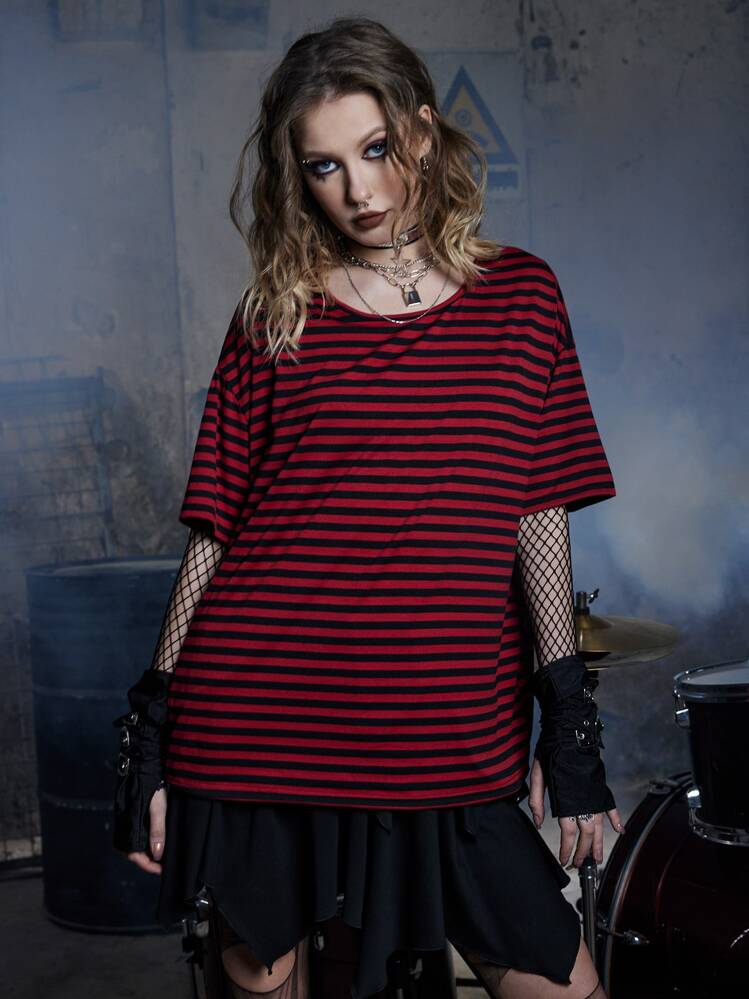 ROMWE Grunge Punk Striped Drop Shoulder Tee, School