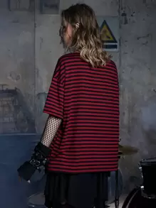 ROMWE Grunge Punk Striped Drop Shoulder Tee, School - Multicolor - View 6