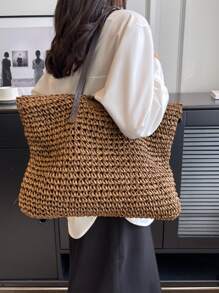 极简主义草编包超大尺寸，适合海滩度假旅行，非常适合夏季海滩旅行度假，夏季时尚度假包 - 卡其色 - 查看 4