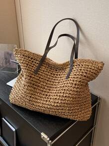 极简主义草编包超大尺寸，适合海滩度假旅行，非常适合夏季海滩旅行度假，夏季时尚度假包 - 卡其色 - 查看 5