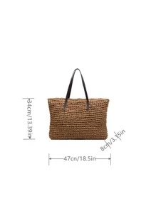 极简主义草编包超大尺寸，适合海滩度假旅行，非常适合夏季海滩旅行度假，夏季时尚度假包 - 卡其色 - 查看 6