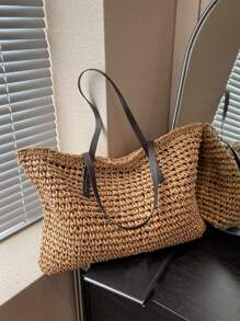 极简主义草编包超大尺寸，适合海滩度假旅行，非常适合夏季海滩旅行度假，夏季时尚度假包 - 卡其色 - 查看 7