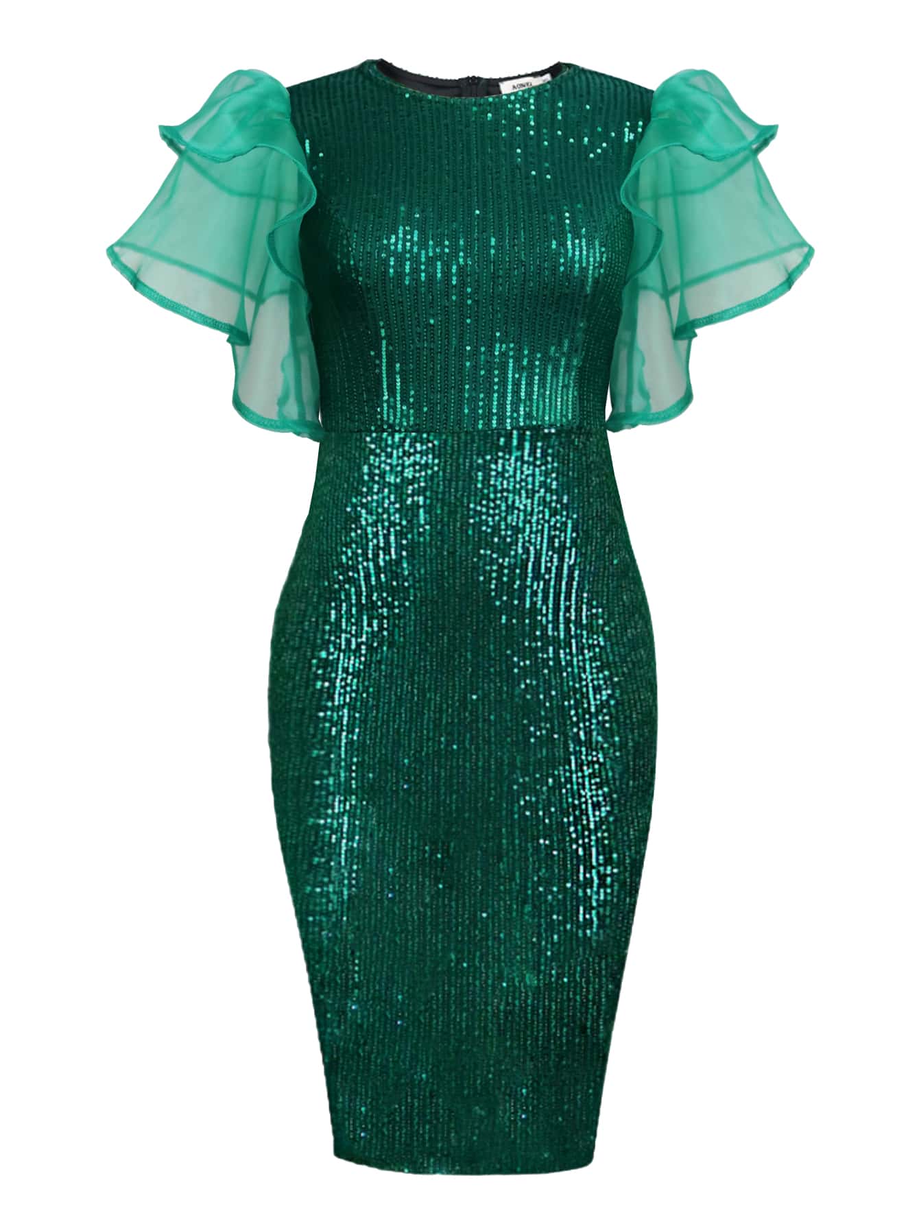 Plus Contrast Mesh Ruffle Trim Sequin Bodycon Dress - Green - View 1