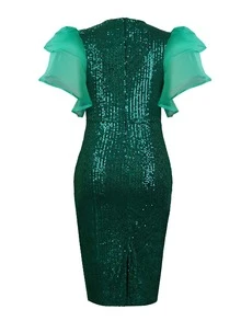 Plus Contrast Mesh Ruffle Trim Sequin Bodycon Dress - Green - View 2