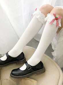 1pair Women Bow Decor Ruffle Trim Cute Over The Calf Socks For Spring, Birthday Party - White - View 1