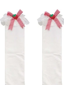 1pair Women Bow Decor Ruffle Trim Cute Over The Calf Socks For Spring, Birthday Party - White - View 3