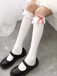 1pair Women Bow Decor Ruffle Trim Cute Over The Calf Socks For Spring, Birthday Party - White - View 4