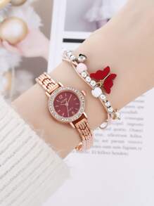 Đồng hồ thạch anh trang trí bằng đá thạch anh 1 cái & Vòng đeo tay 1 cái - Đỏ - Xem 2