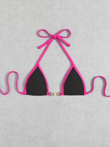 SHEIN Swim 撞色滾邊吊脖三角杯比基尼上衣 - 黑色 - 查看 3