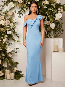 SHEIN Belle 不對稱領荷葉邊魚尾裙下擺伴娘洋裝