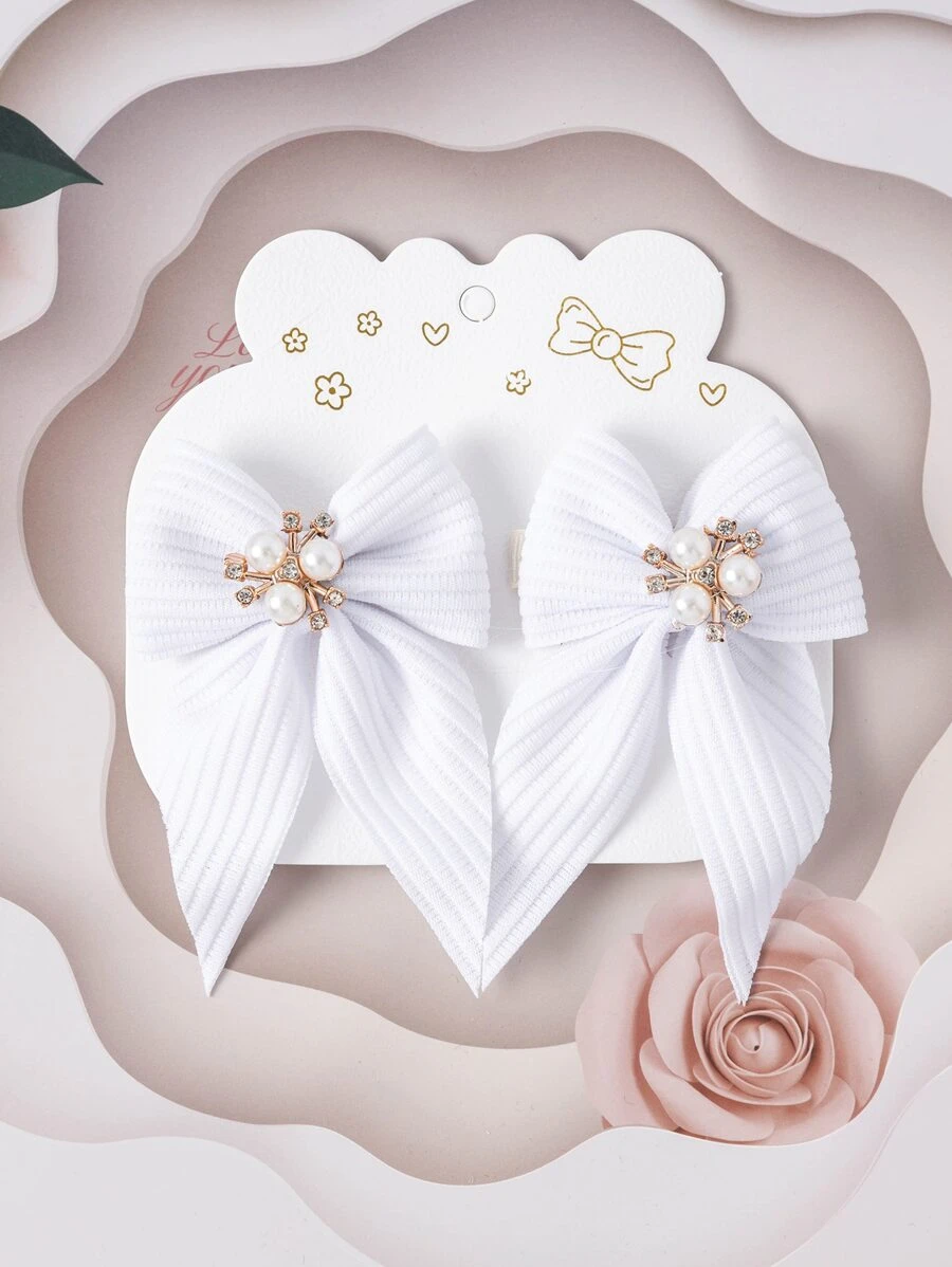 2pcs Pearl & Rhinestone Bowknot Hair Clips For Teen, Cute & Versatile Hair Accessories - White - View 1