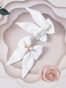 2pcs Pearl & Rhinestone Bowknot Hair Clips For Teen, Cute & Versatile Hair Accessories - White - View 3