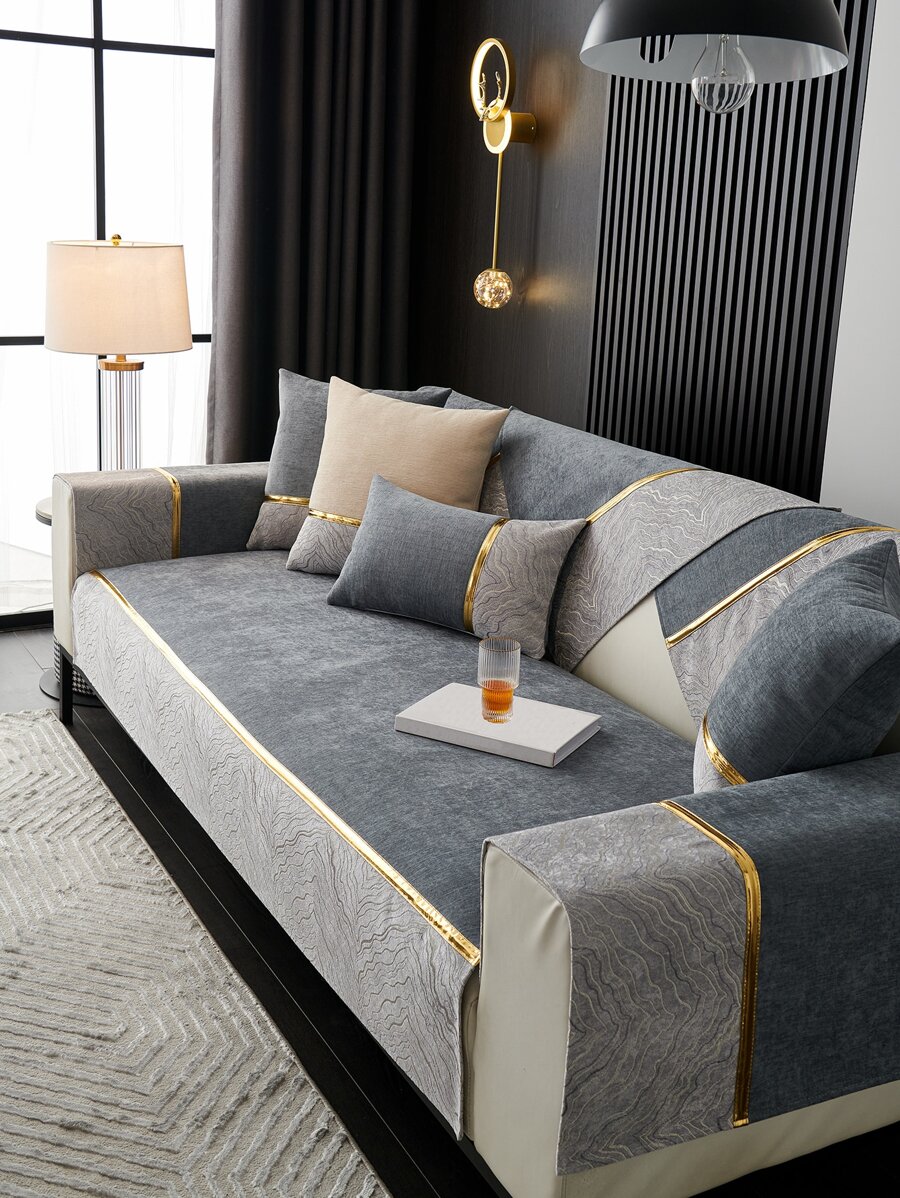 1pc Soft Luxury Sofa Cover, Polyester Stretchy Sofa Slipcover For Home - Grey - View 1