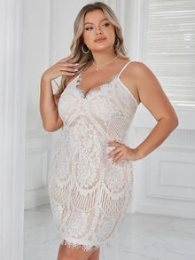 Eilly Bazar Plus Eyelash Lace Cami Dress - White - View 6