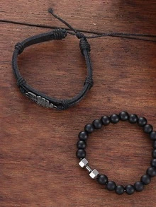 1pc Men Round Pointer Quartz Watch & 2pcs Bracelet - Black - View 2