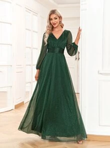 女式闪光长袖优雅伴娘礼服舞会礼服、正式婚礼宾客礼服、毕业典礼、晚宴