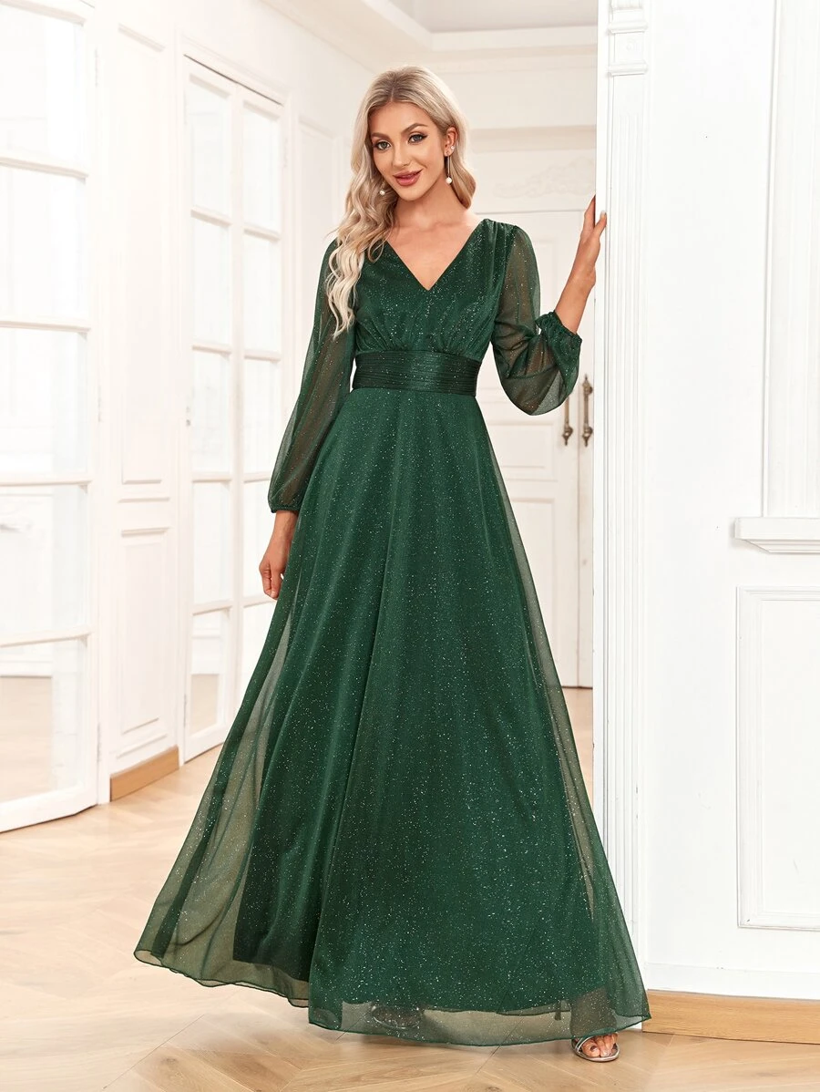 女式闪光长袖优雅伴娘礼服舞会礼服、正式婚礼宾客礼服、毕业典礼、晚宴