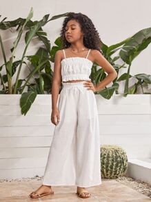 SHEIN Girls Ruffle Trim Cami Top & Paperbag Waist Wide Leg Trousers - White - View 1
