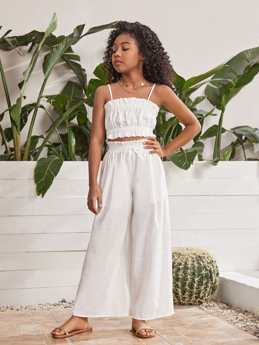 SHEIN Girls Ruffle Trim Cami Top & Paperbag Waist Wide Leg Trousers - White - View 1