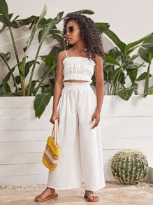SHEIN Girls Ruffle Trim Cami Top & Paperbag Waist Wide Leg Trousers - White - View 6