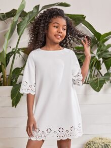 SHEIN 女孩鏤空貝殼邊連衣裙 - 白色 - 查看 5