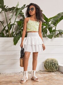 SHEIN 少女优雅荷叶边腰部纹理层叠下摆半身裙，夏季灯笼裙 - 白色 - 查看 5