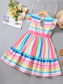 SHEIN Vestido De Chica Joven Con Espalda De Cerradura Y Ribete De Volantes A Rayas De Arcoíris - Multicolor - Ver 2