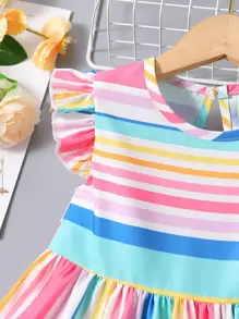 SHEIN Vestido De Chica Joven Con Espalda De Cerradura Y Ribete De Volantes A Rayas De Arcoíris - Multicolor - Ver 3