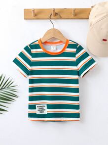 SHEIN Young Boy Striped Print Letter Patched Detail Tee - Multicolor - View 1